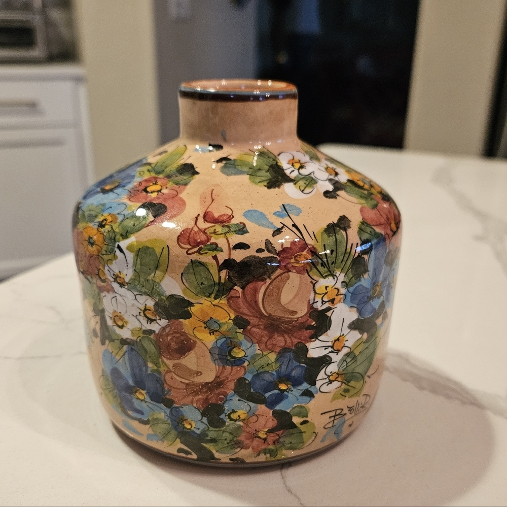 Vintage Hand Painted Vase Dipinto A Mano Floral Peach Glazed Multi Color Italy